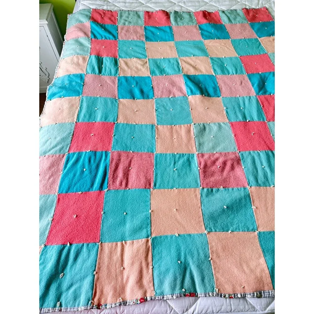 Vtg Quilt Handmade Wool Square Block Wool Cabin Rustic Natural 48x64 Calico Back